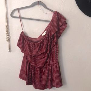 Maeve One shoulder burgundy mini dotted shirt